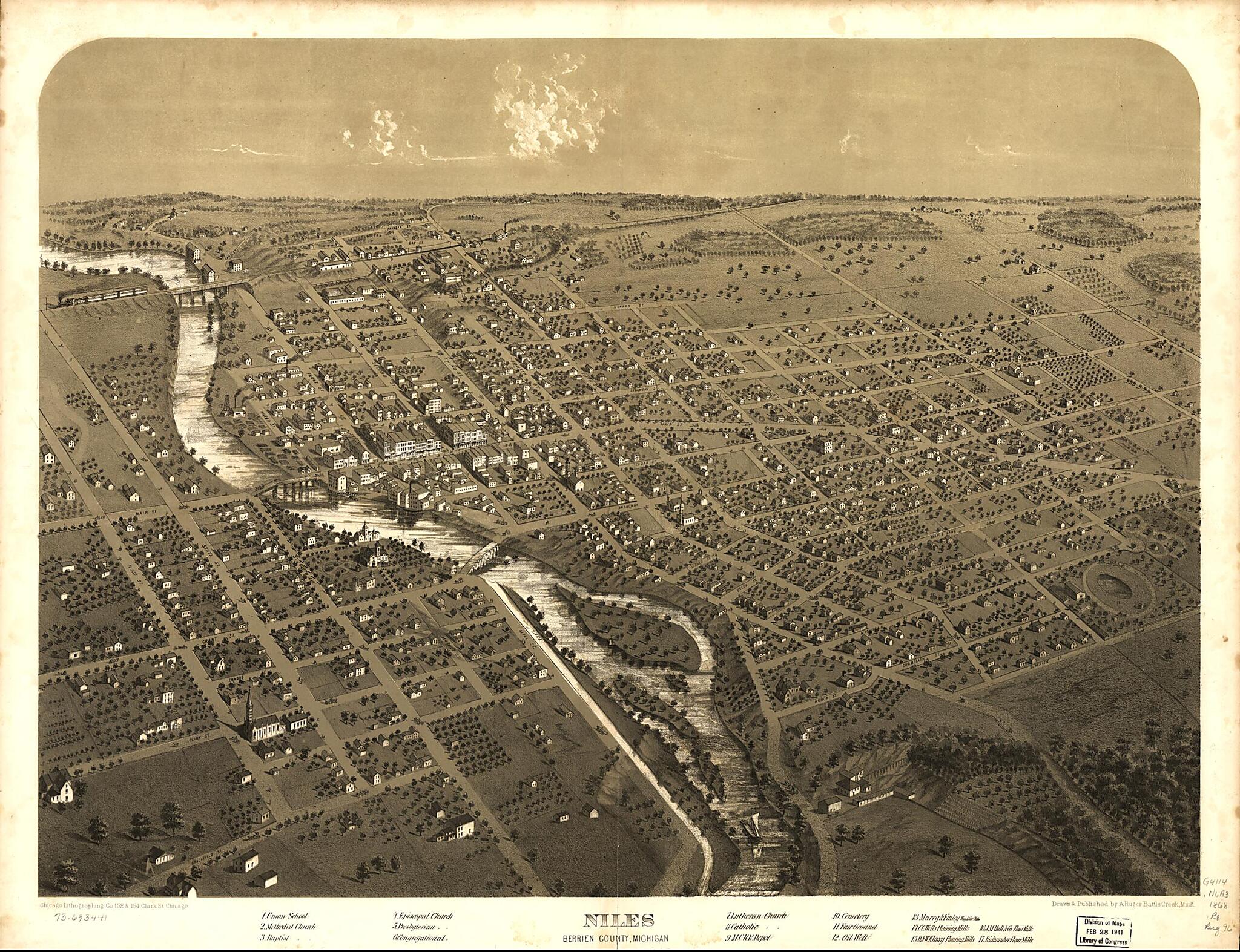 This old map of Niles, Berrien County, Michigan from 1868 was created by Chicago Lithographing Co, A. Ruger in 1868