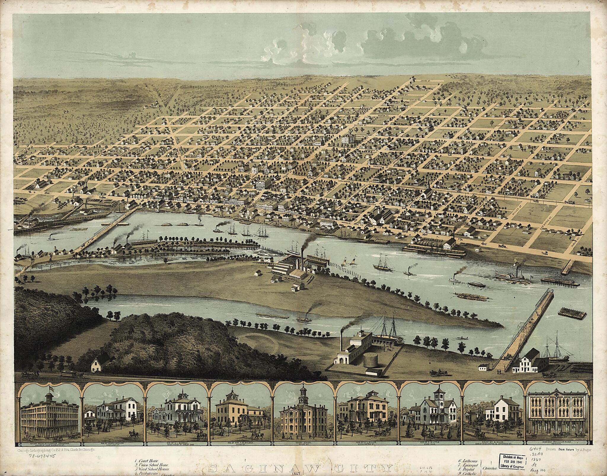 This old map of Saginaw City Michigan from 1867 was created by Chicago Lithographing Co, A. Ruger in 1867