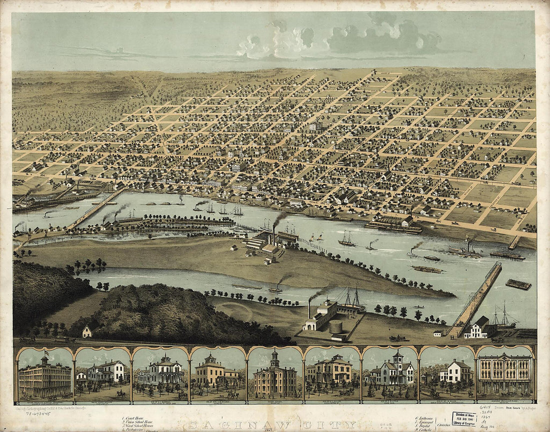 This old map of Saginaw City Michigan from 1867 was created by Chicago Lithographing Co, A. Ruger in 1867