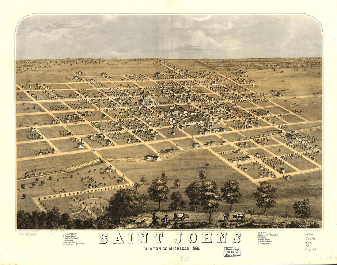 This old map of Saint Johns, Clinton County, Michigan from 1868 was created by Chicago Lithographing Co, A. Ruger in 1868