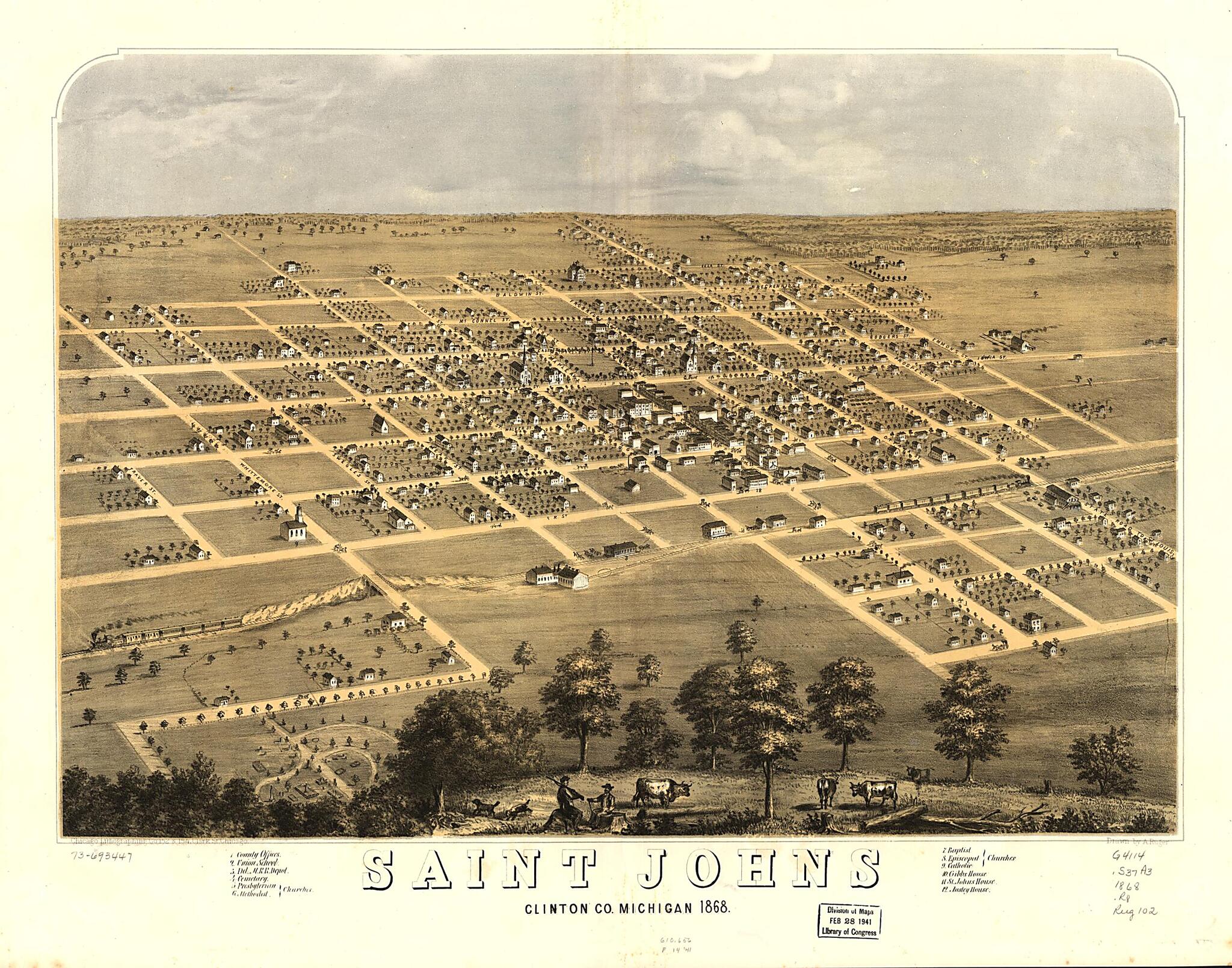 This old map of Saint Johns, Clinton County, Michigan from 1868 was created by Chicago Lithographing Co, A. Ruger in 1868