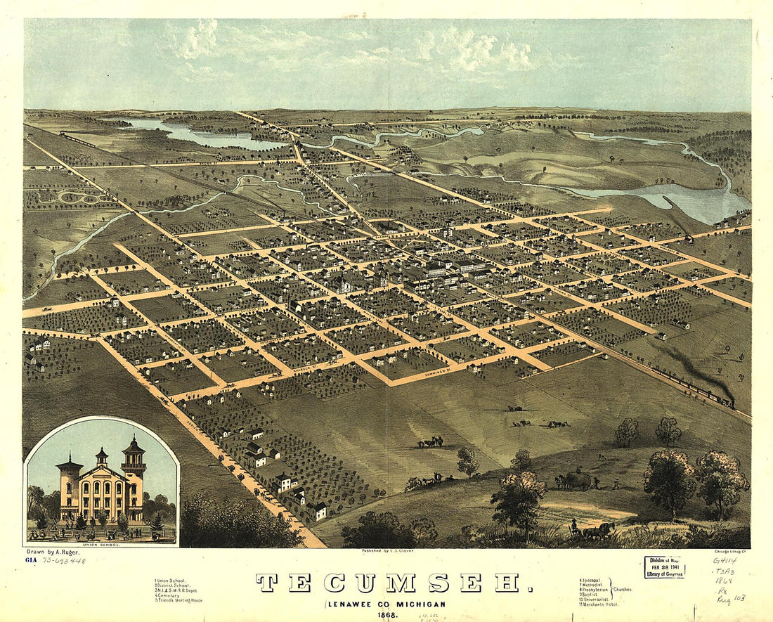 This old map of Tecumseh, Lenawee County, Michigan from 1868 was created by Chicago Lithographing Co, E. S. (Eli Sheldon) Glover, A. Ruger in 1868