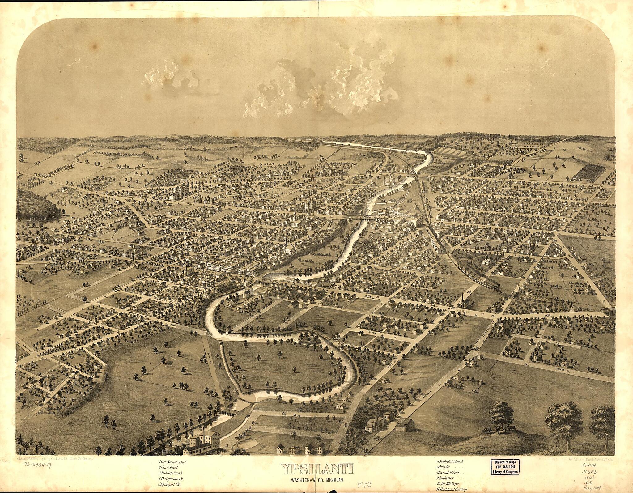 This old map of Ypsilanti, Washtenaw County, Michigan from 1868 was created by Chicago Lithographing Co, A. Ruger in 1868