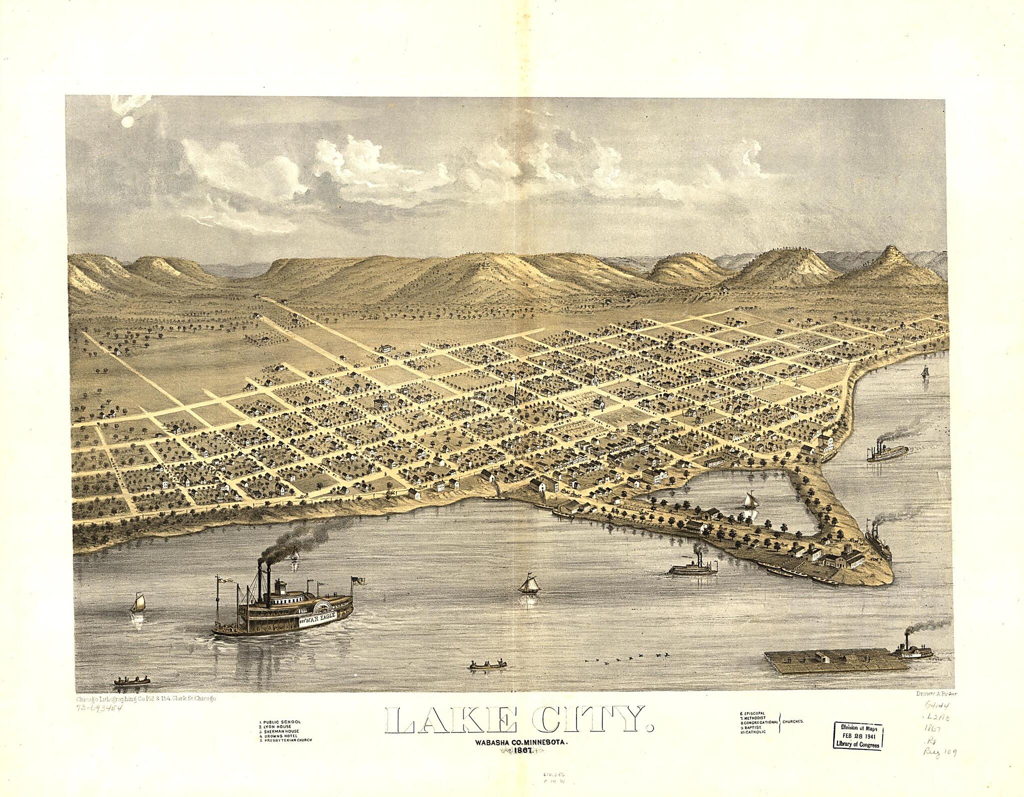 This old map of Lake City, Wabasha County, Minnesota from 1867 was created by Chicago Lithographing Co, A. Ruger in 1867