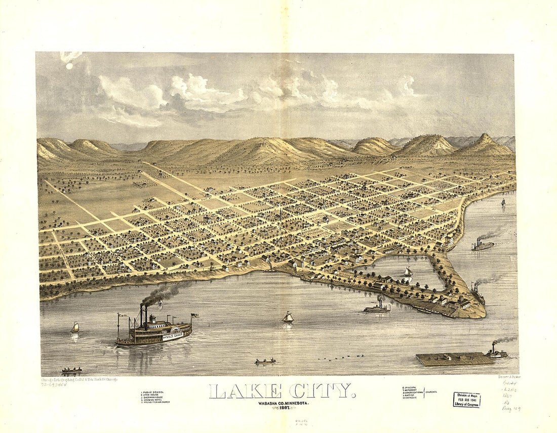 This old map of Lake City, Wabasha County, Minnesota from 1867 was created by Chicago Lithographing Co, A. Ruger in 1867