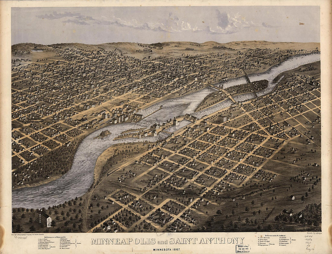 This old map of Minneapolis and Saint Anthony, Minnesota from 1867 was created by Chicago Lithographing Co, A. Ruger in 1867