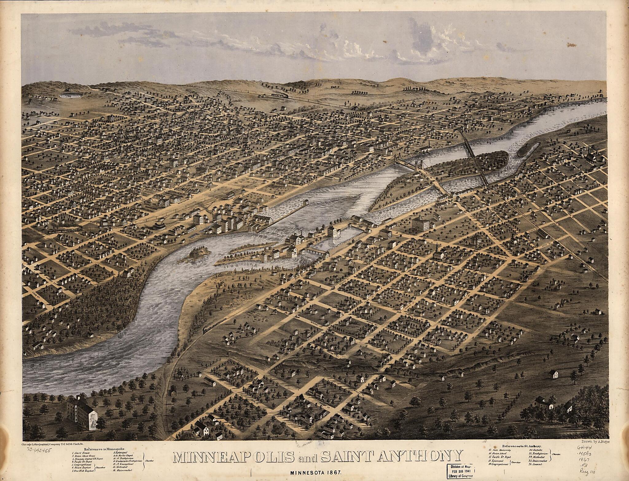 This old map of Minneapolis and Saint Anthony, Minnesota from 1867 was created by Chicago Lithographing Co, A. Ruger in 1867