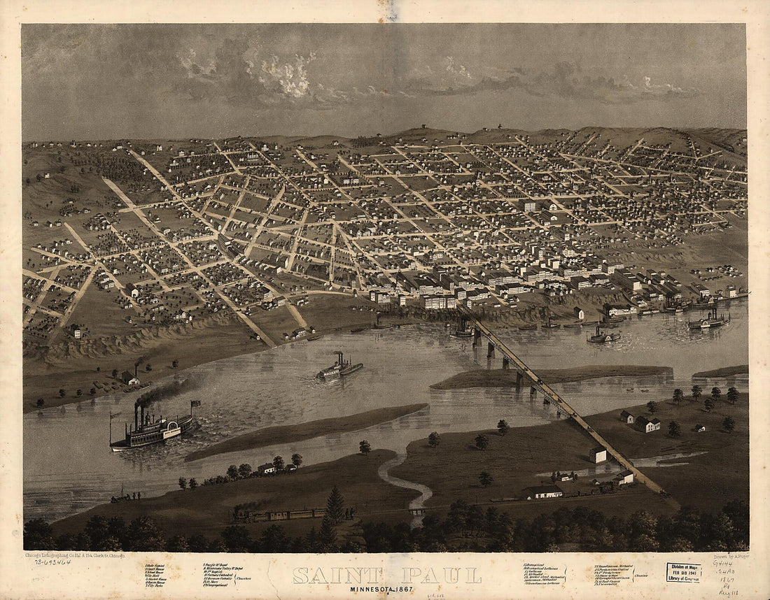This old map of Saint Paul, Minnesota from 1867 was created by Chicago Lithographing Co, A. Ruger in 1867
