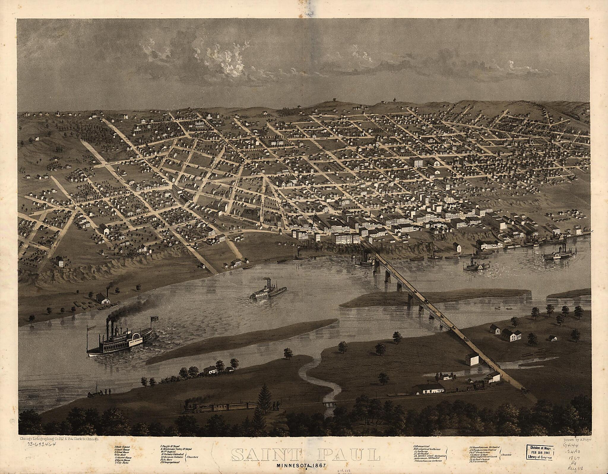 This old map of Saint Paul, Minnesota from 1867 was created by Chicago Lithographing Co, A. Ruger in 1867