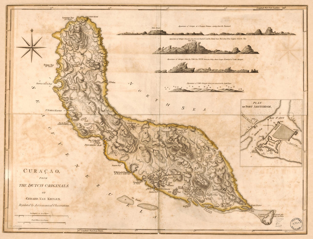 This old map of Curaçao, from the Dutch Originals, of Gerard Van Keulen, Regulated by Astronomical Observations from 1775 was created by Gerard Van Keulen in 1775