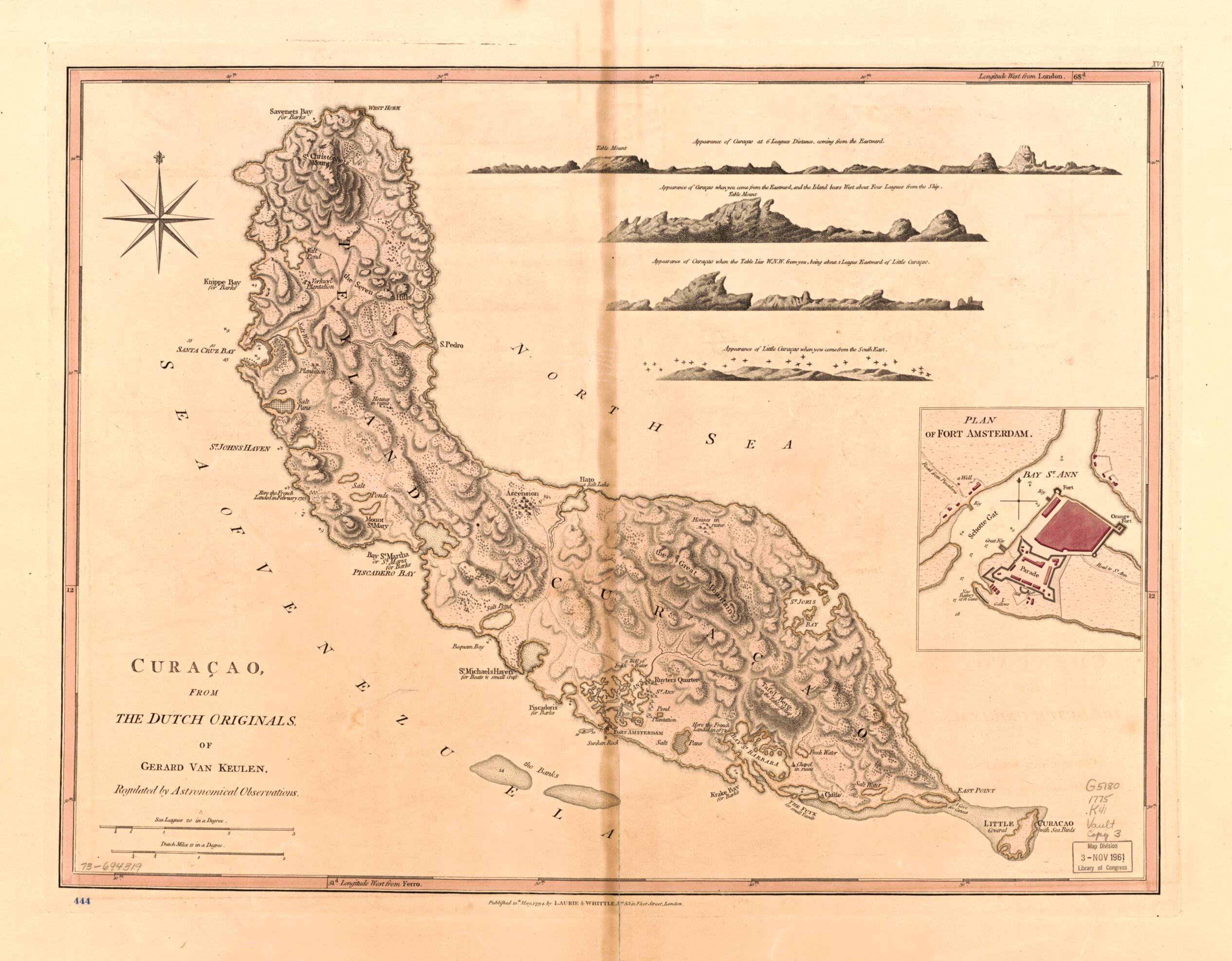 This old map of Curaçao from 1794 was created by Gerard Van Keulen, Robert Laurie and James Whittle in 1794