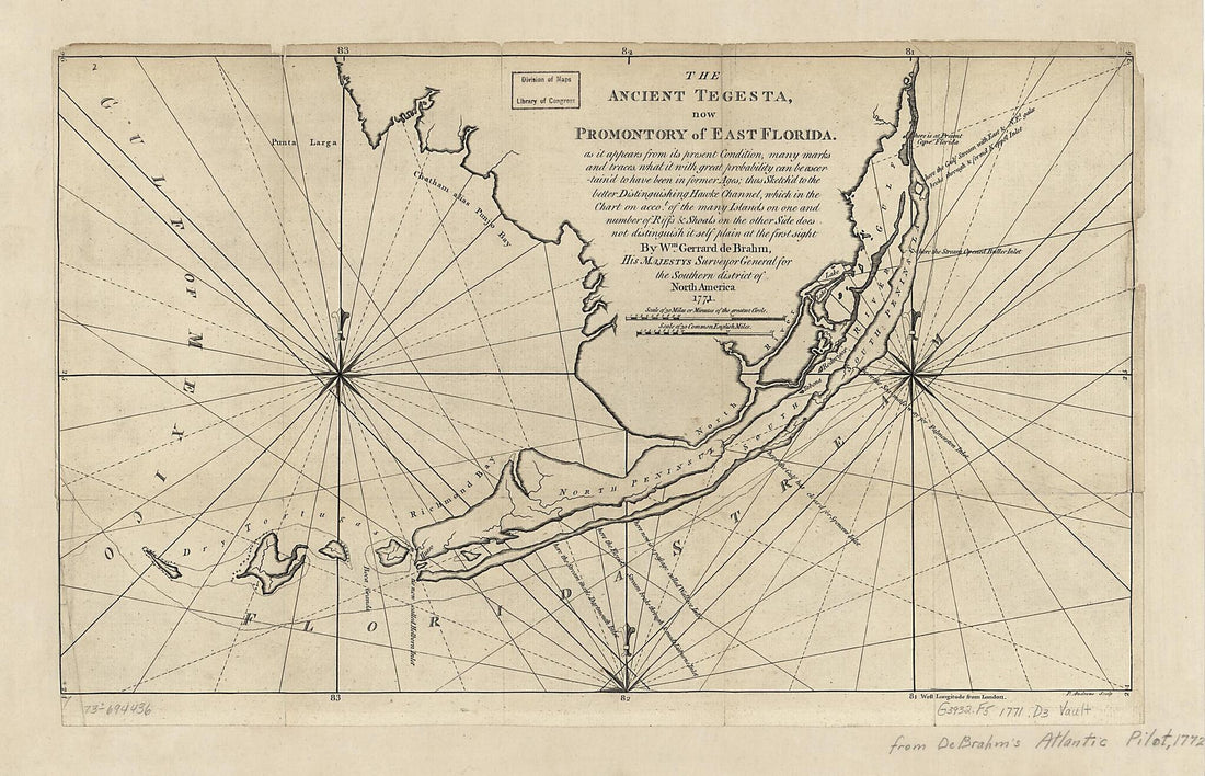 This old map of The Ancient Tegesta, Now Promontory of East Florida from 1772 was created by Peter Andrews, John Gerar William De Brahm in 1772