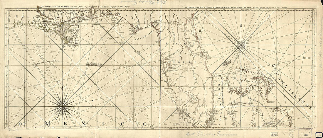 This old map of The Coast of West Florida and Louisiana. the Peninsula and Gulf of Florida Or Channel of Bahama With the Bahama Islands from 1775 was created by Thomas Jefferys, Robert Sayer in 1775