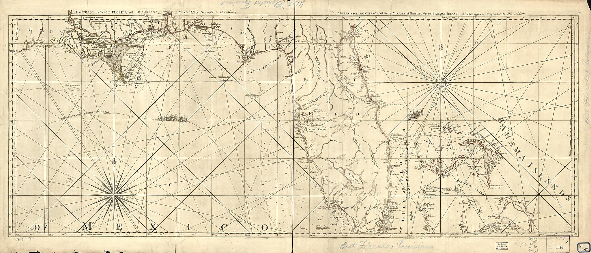 This old map of The Coast of West Florida and Louisiana. the Peninsula and Gulf of Florida Or Channel of Bahama With the Bahama Islands from 1775 was created by Thomas Jefferys, Robert Sayer in 1775
