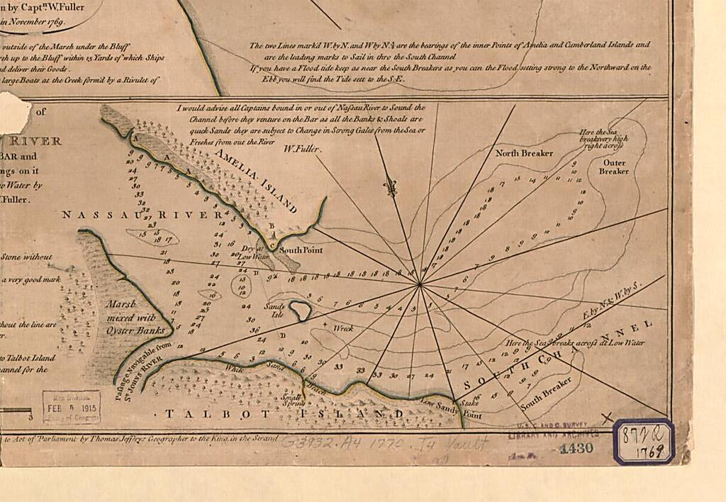 This old map of Plan of Amelia Island In East Florida, North Point of Amelia Island Lyes In 30:55 North Latitude 80:23 W. Longitude from London, Taken from De Brahm&