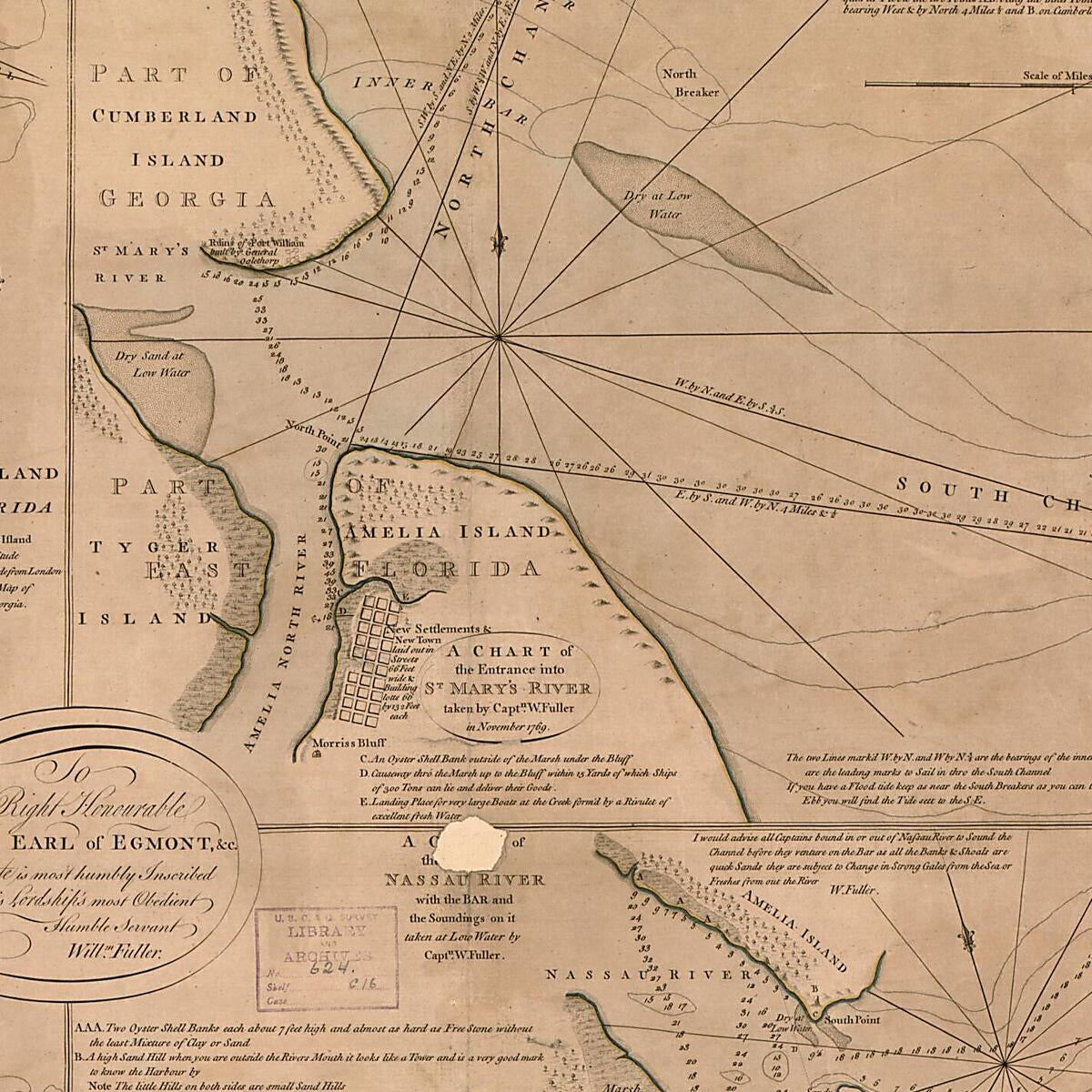 This old map of Plan of Amelia Island In East Florida, North Point of Amelia Island Lyes In 30:55 North Latitude 80:23 W. Longitude from London, Taken from De Brahm&