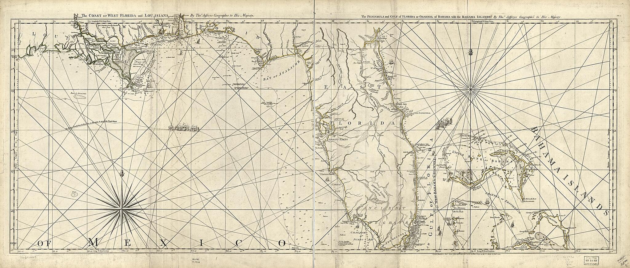 This old map of The Coast of West Florida and Louisiana. the Peninsula and Gulf of Florida Or Channel of Bahama With the Bahama Islands from 1776 was created by Thomas Jefferys, Robert Sayer in 1776