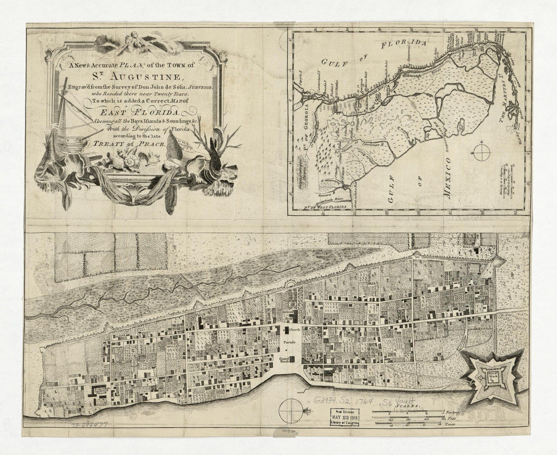This old map of A New & Accurate Plan, of the Town of St. Augustine from 1764 was created by John De Solís in 1764