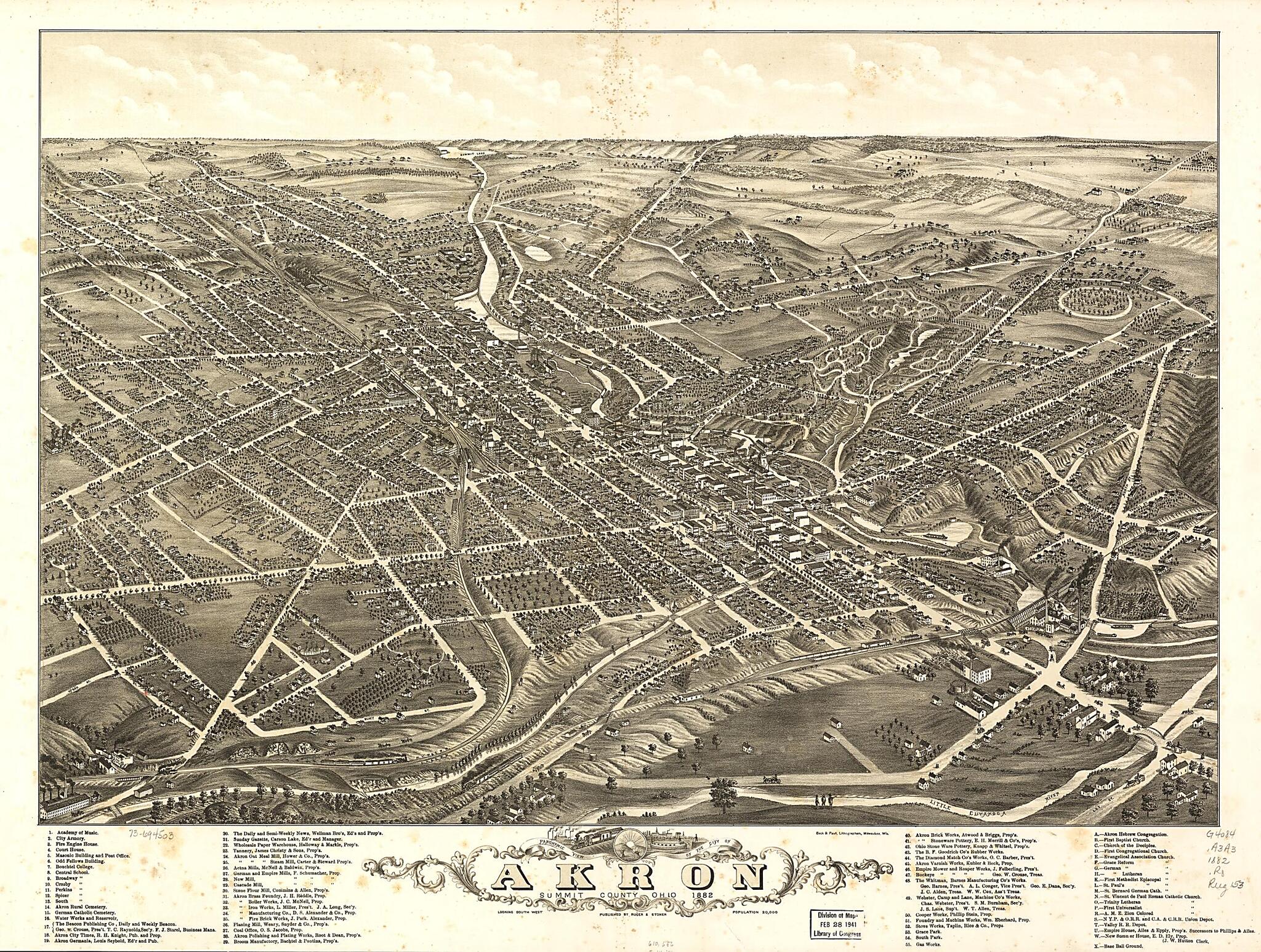 This old map of Panoramic View of the City of Akron, Summit County, Ohio from 1882 was created by Beck & Pauli, Ruger & Stoner, A. Ruger in 1882