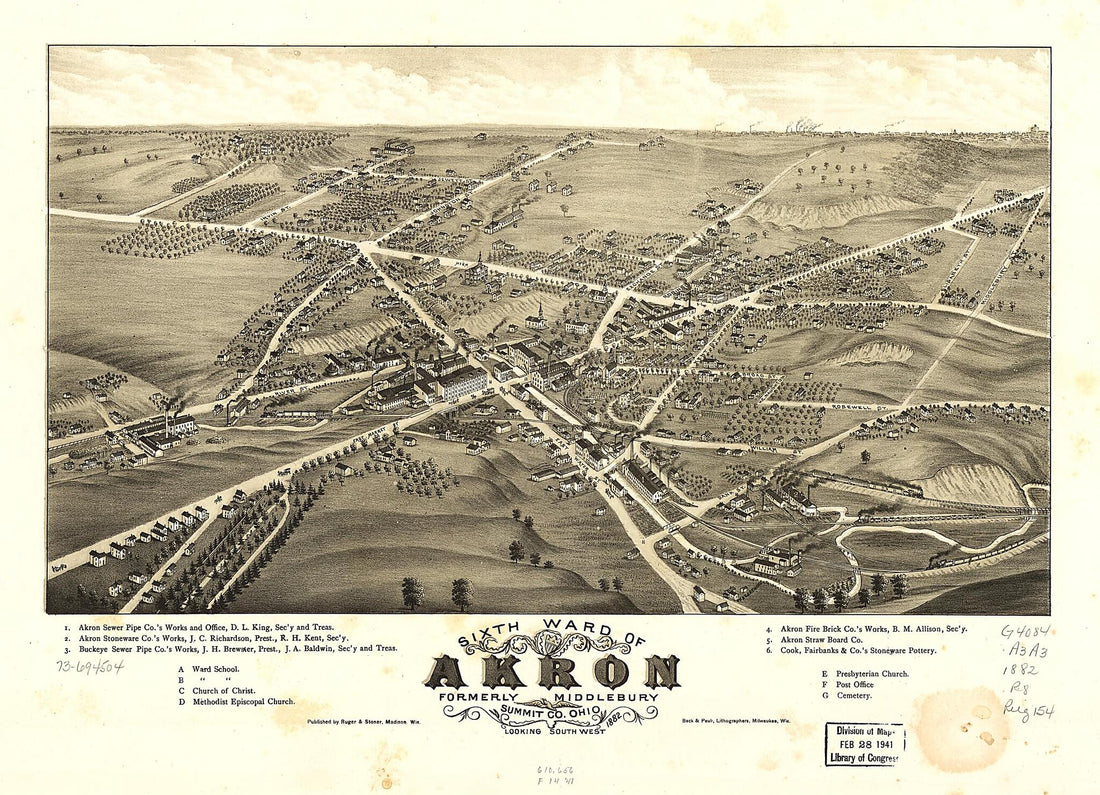 This old map of Sixth Ward of Akron, Formerly Middlebury, Summit County, Ohio from 1882 was created by Beck & Pauli, Ruger & Stoner, A. Ruger in 1882