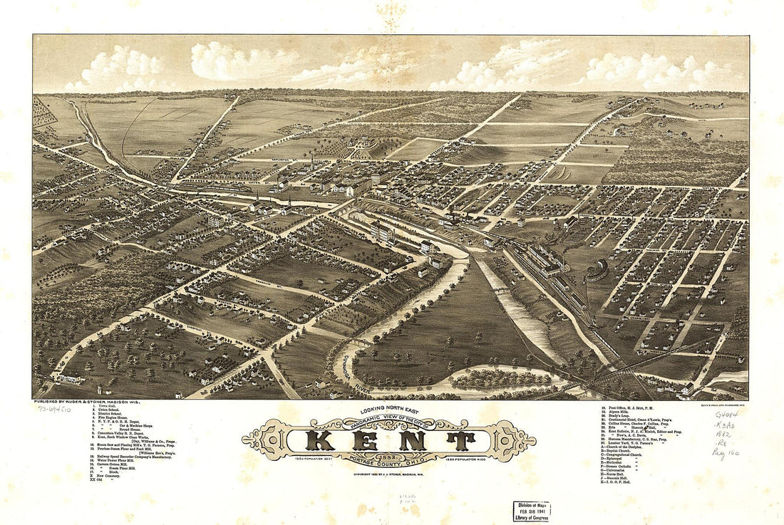 This old map of Panoramic View of the City of Kent, Portage County, Ohio from 1882 was created by Beck & Pauli, Ruger & Stoner, A. Ruger, J. J. Stoner in 1882