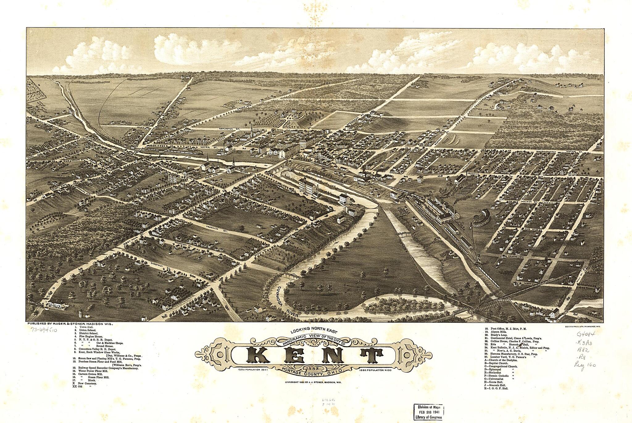 This old map of Panoramic View of the City of Kent, Portage County, Ohio from 1882 was created by Beck & Pauli, Ruger & Stoner, A. Ruger, J. J. Stoner in 1882