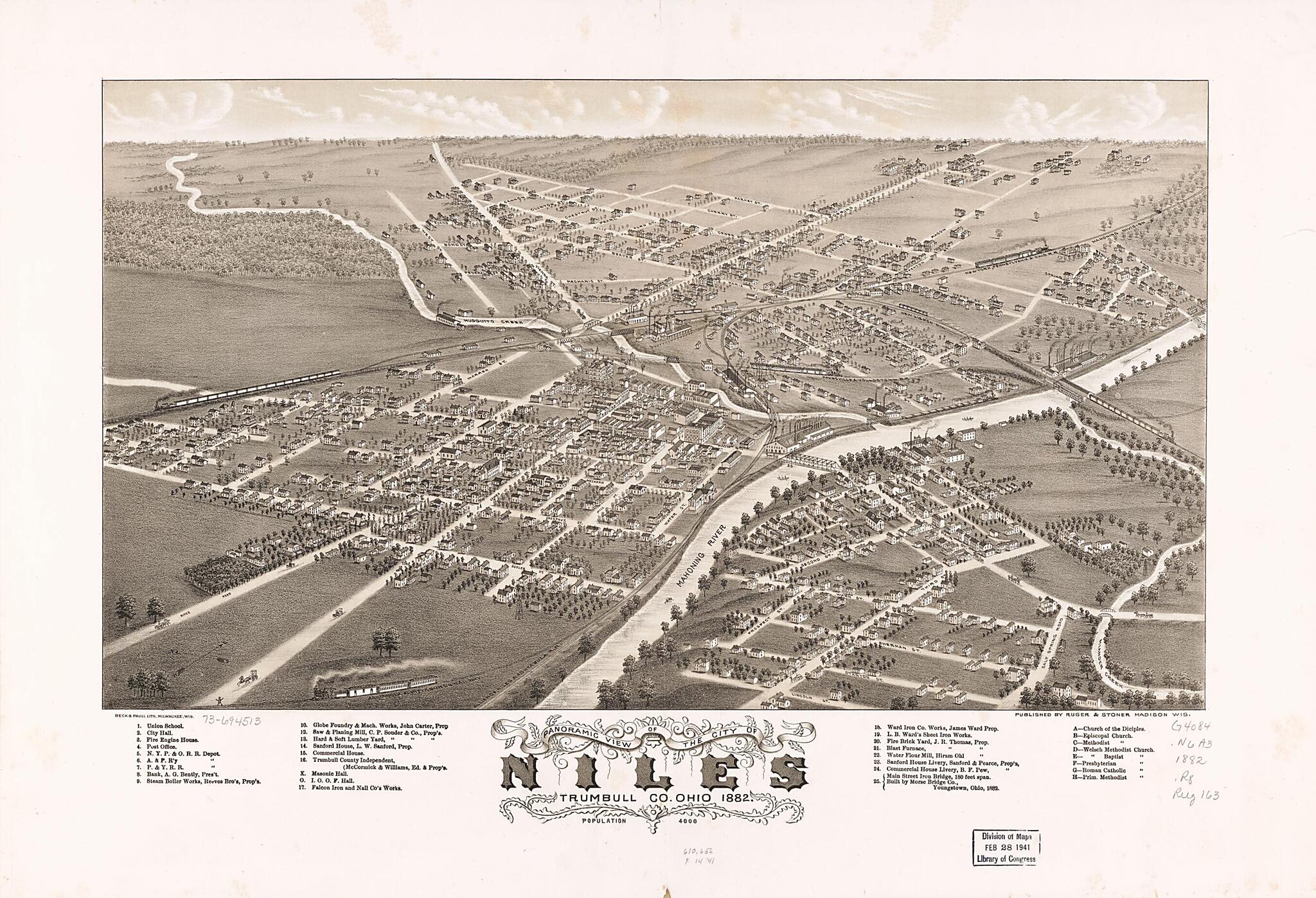 This old map of Panoramic View of the City of Niles, Trumbull County, Ohio from 1882 was created by Beck & Pauli, Ruger & Stoner, A. Ruger in 1882