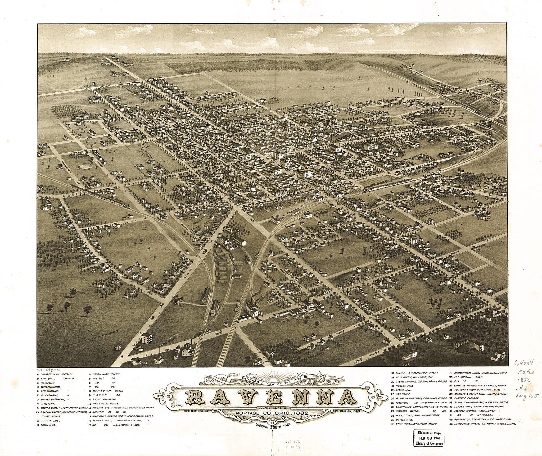 This old map of Panoramic View of the City of Ravenna, County Seat of Portage County, Ohio from 1882 was created by A. Ruger in 1882