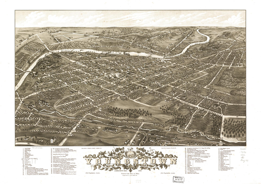 This old map of Panoramic View of the City of Youngstown, County Seat of Mahoning County, Ohio from 1882 was created by Beck & Pauli, Ruger & Stoner, A. Ruger, J. J. Stoner in 1882