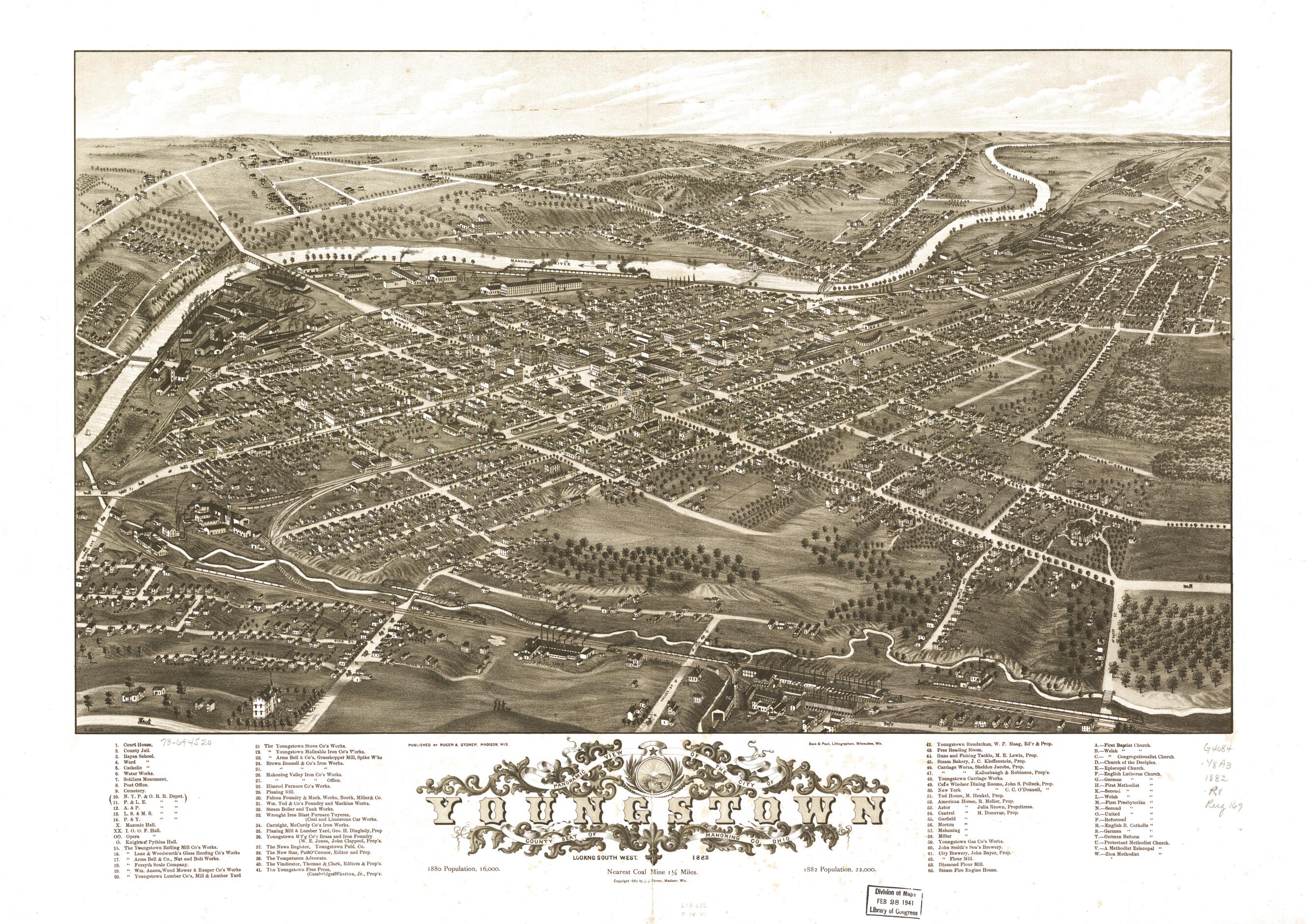 This old map of Panoramic View of the City of Youngstown, County Seat of Mahoning County, Ohio from 1882 was created by Beck & Pauli, Ruger & Stoner, A. Ruger, J. J. Stoner in 1882
