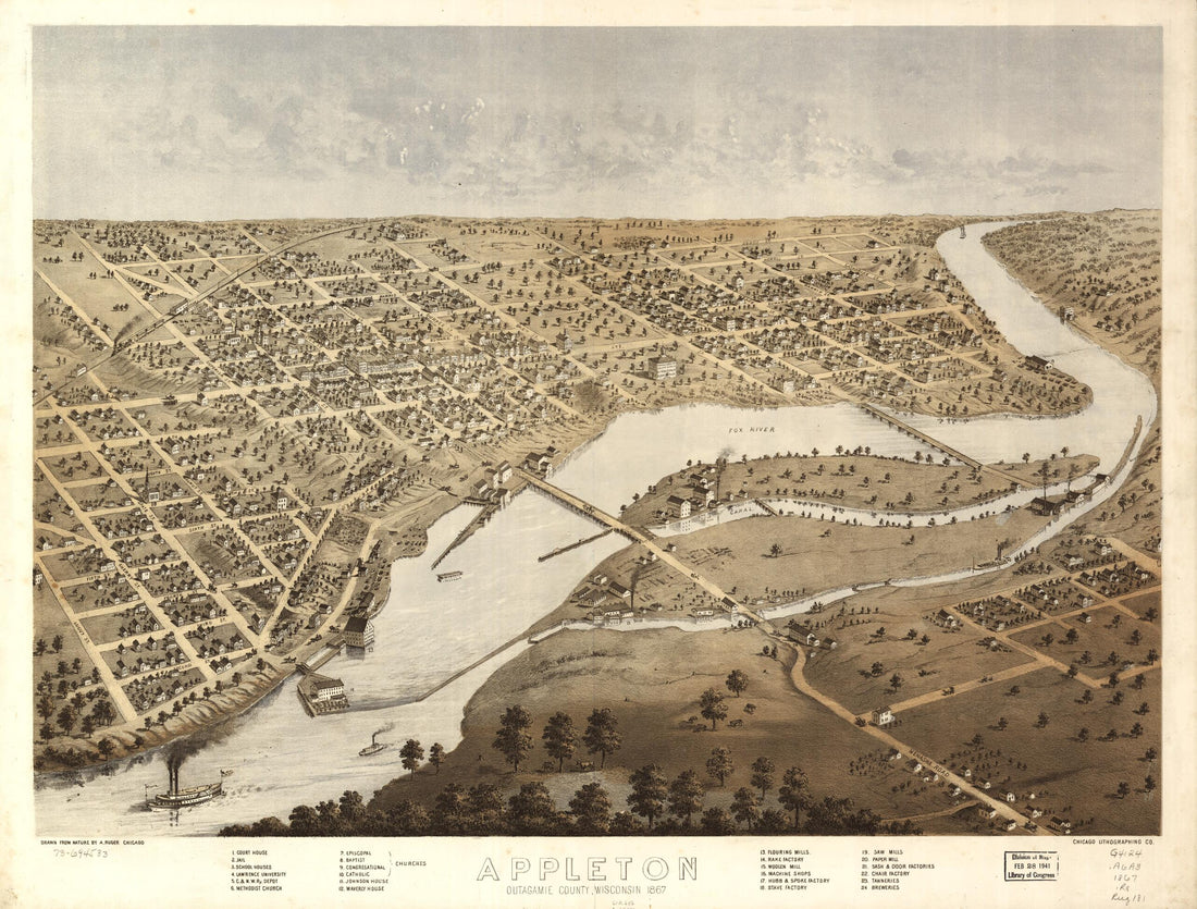This old map of Appleton, Outagamie County, Wisconsin from 1867 was created by Chicago Lithographing Co, A. Ruger in 1867