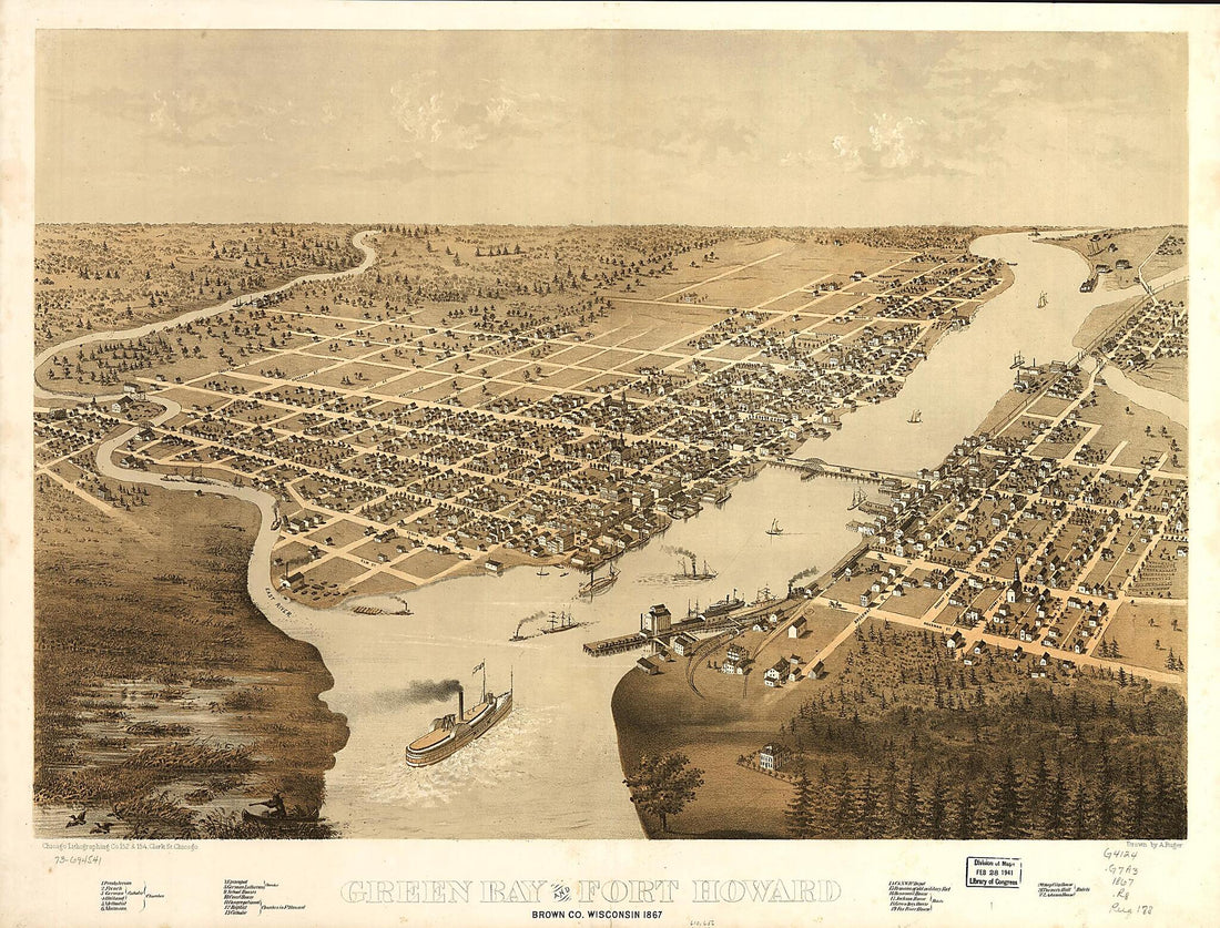 This old map of Green Bay and Fort Howard, Brown County, Wisconsin from 1867 was created by Chicago Lithographing Co, A. Ruger in 1867
