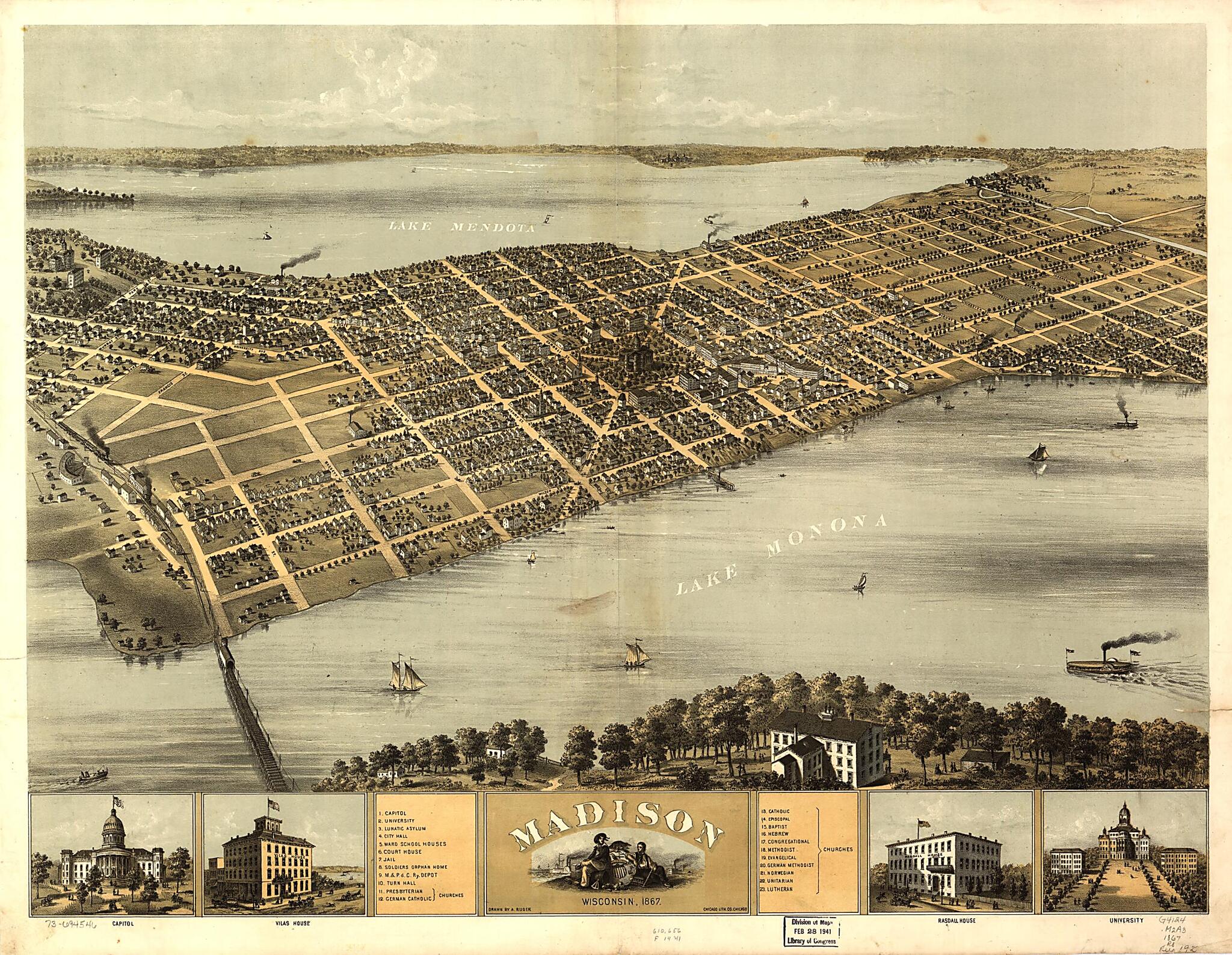 This old map of Madison, Wisconsin from 1867 was created by Chicago Lithographing Co, A. Ruger in 1867