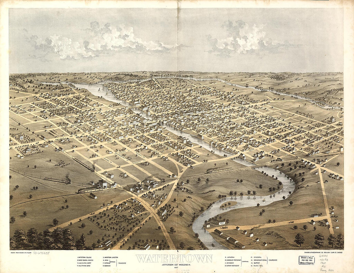 Watertown, Jefferson County, Wisconsin 1867 by Relic Map Company