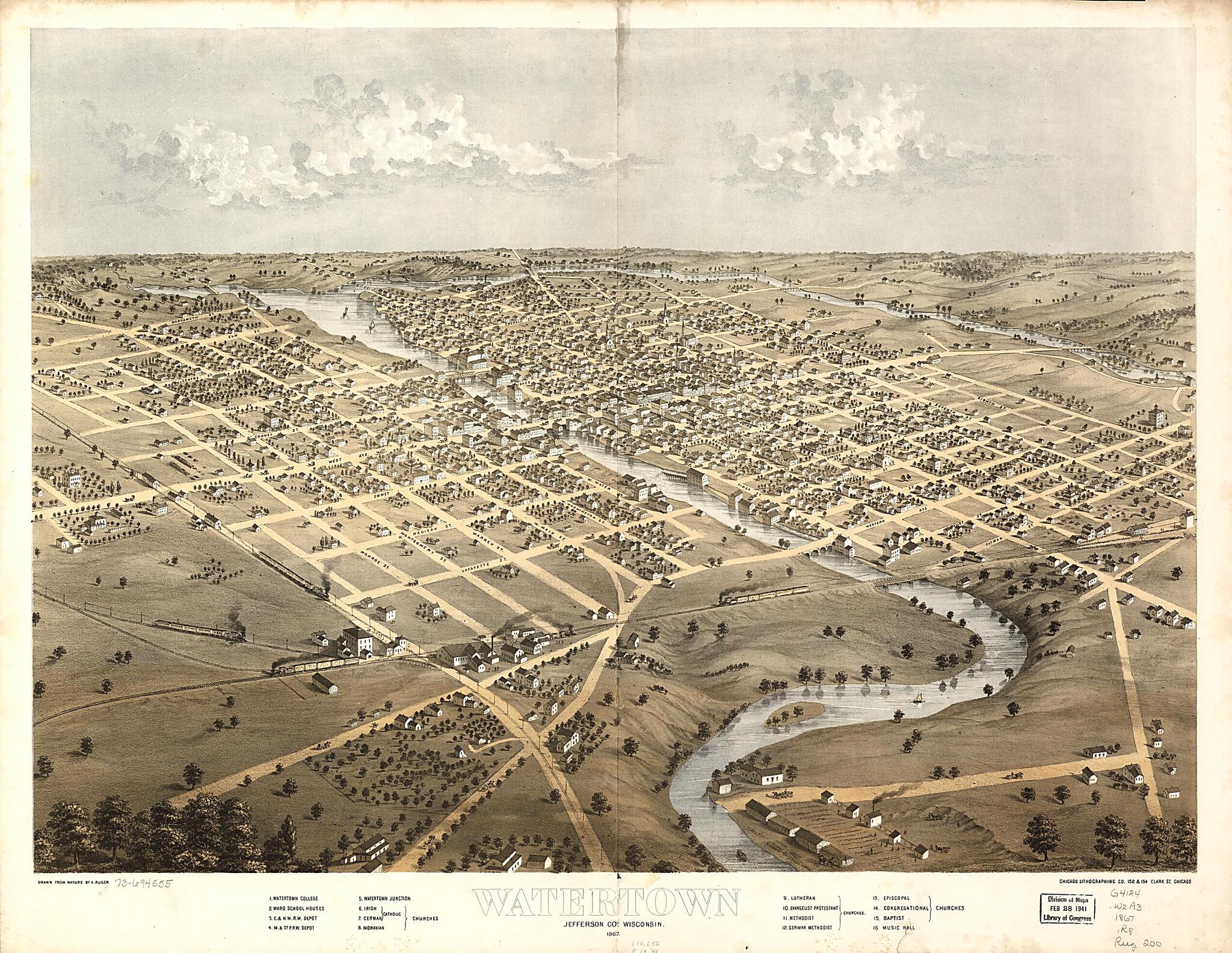 This old map of Watertown, Jefferson County, Wisconsin from 1867 was created by Chicago Lithographing Co, A. Ruger in 1867