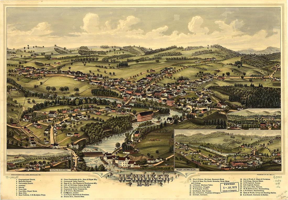 This old map of Henniker, New Hampshire from 1889 was created by Burleigh Litho, George E. Norris in 1889
