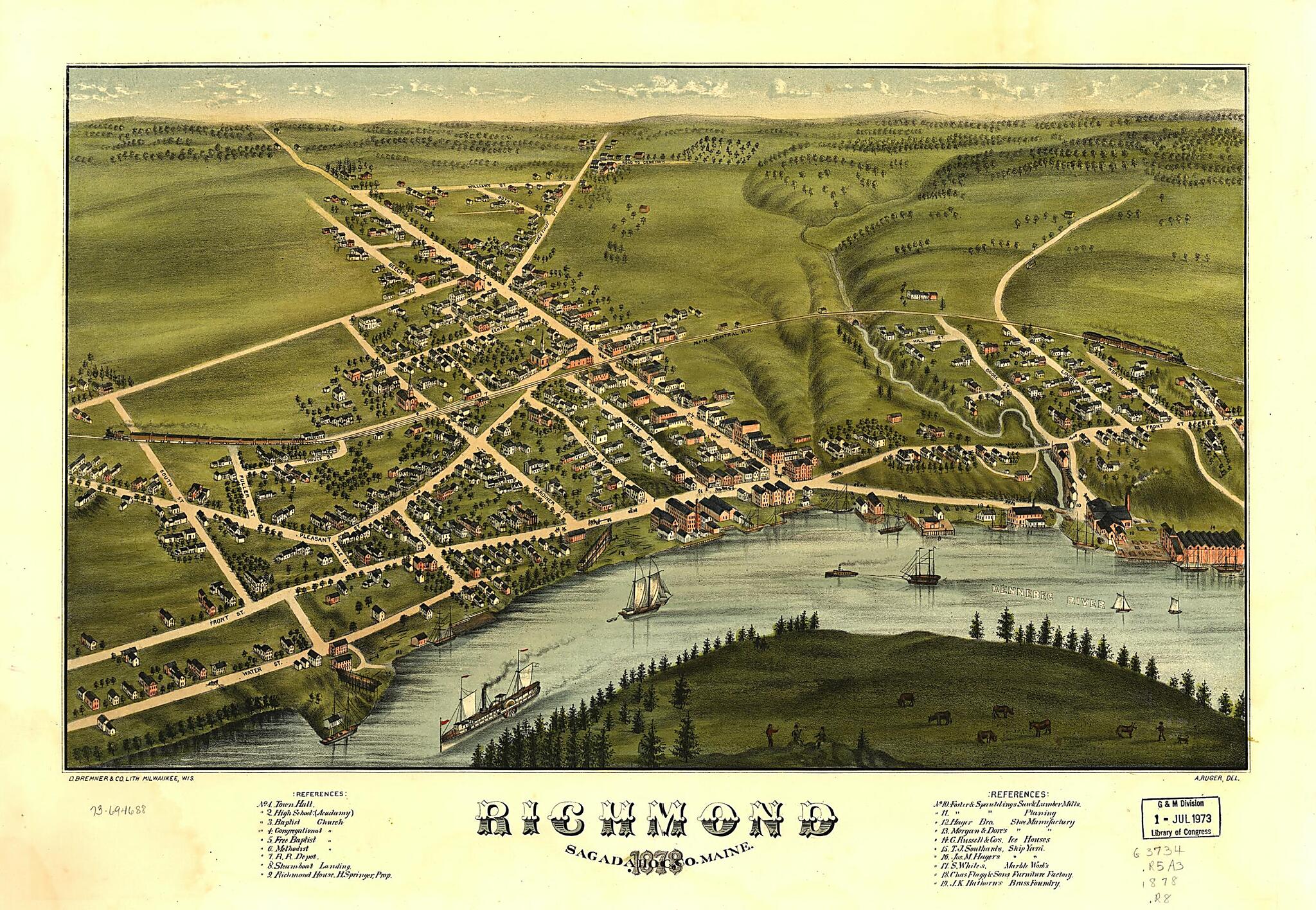 This old map of Richmond, Sagadahoc County, Maine from 1878 was created by D. Bremner Co, A. Ruger in 1878