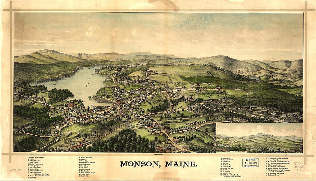 This old map of Monson, Maine from 1889 was created by Burleigh Litho, George E. Norris in 1889