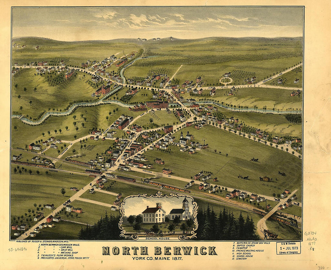This old map of North Berwick, York County, Maine from 1877 was created by Ruger & Stoner in 1877