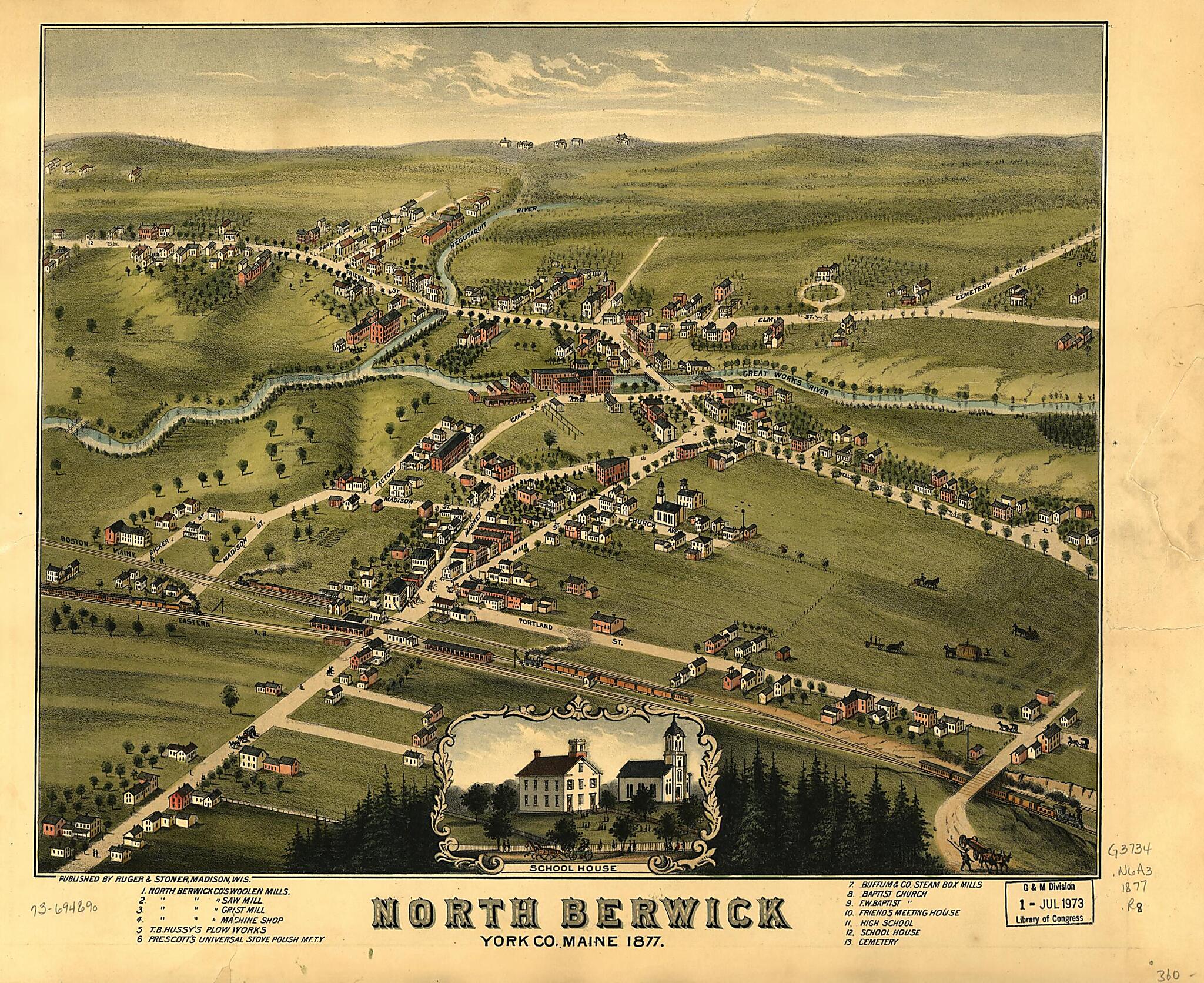 This old map of North Berwick, York County, Maine from 1877 was created by Ruger & Stoner in 1877