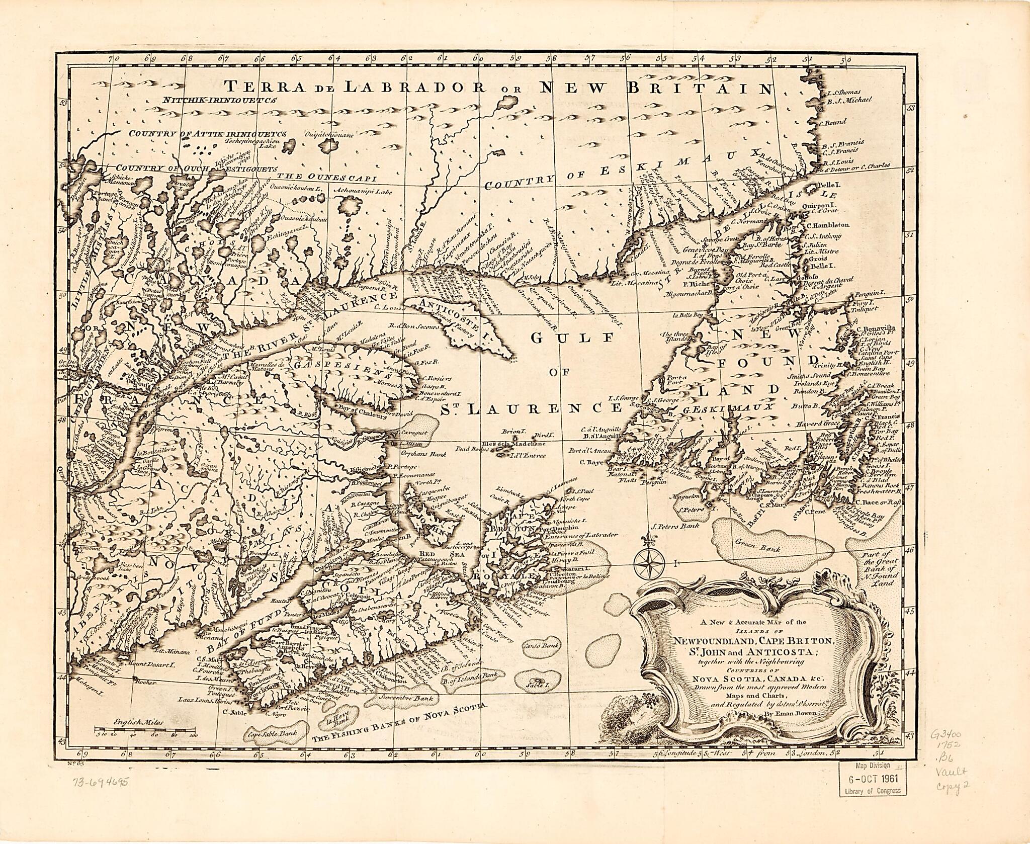 This old map of A New & Accurate Map of the Islands of Newfoundland, Cape Breton, St. John and Anticosta; Together With the Neighbouring Countries of Nova Scotia, Canada, &c from 1752 was created by Emanuel Bowen in 1752