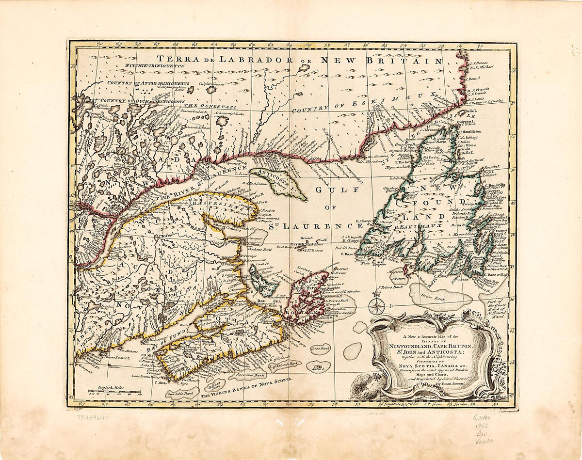 A New & Accurate Map of the Islands of Newfoundland, Cape Breton, St. John and Anticosta; Together With the Neighbouring Countries of Nova Scotia, Canada, &c 1752 by Relic Map Company