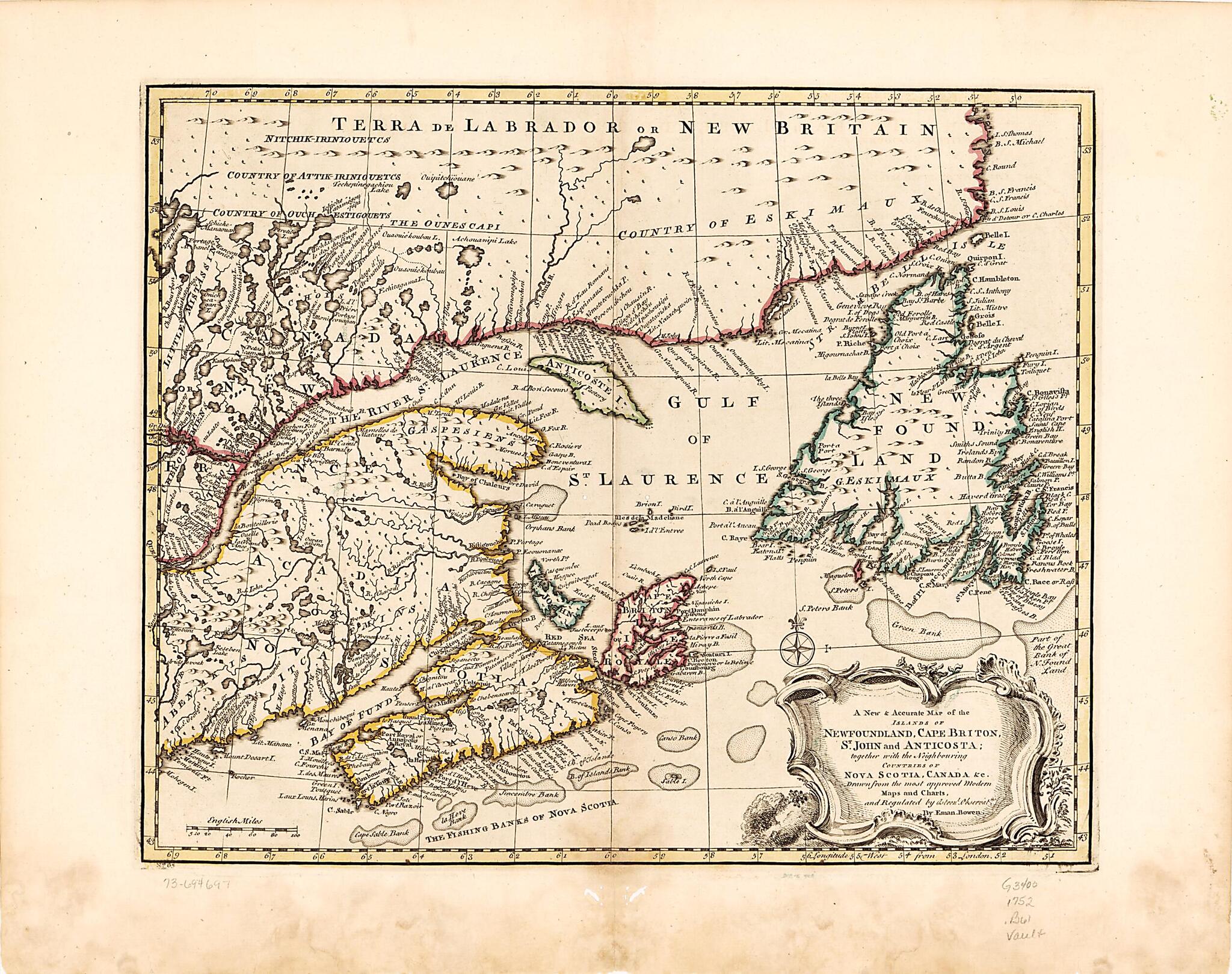 This old map of A New & Accurate Map of the Islands of Newfoundland, Cape Breton, St. John and Anticosta; Together With the Neighbouring Countries of Nova Scotia, Canada, &c from 1752 was created by Emanuel Bowen in 1752