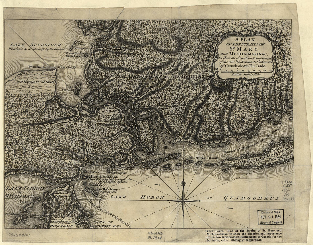 This old map of A Plan of the Straits of St. Mary, and Michilimakinac, to Shew the Situation & Importance of the Two Westernmost Settlements of Canada for the Fur Trade from 1750 was created by in 1750