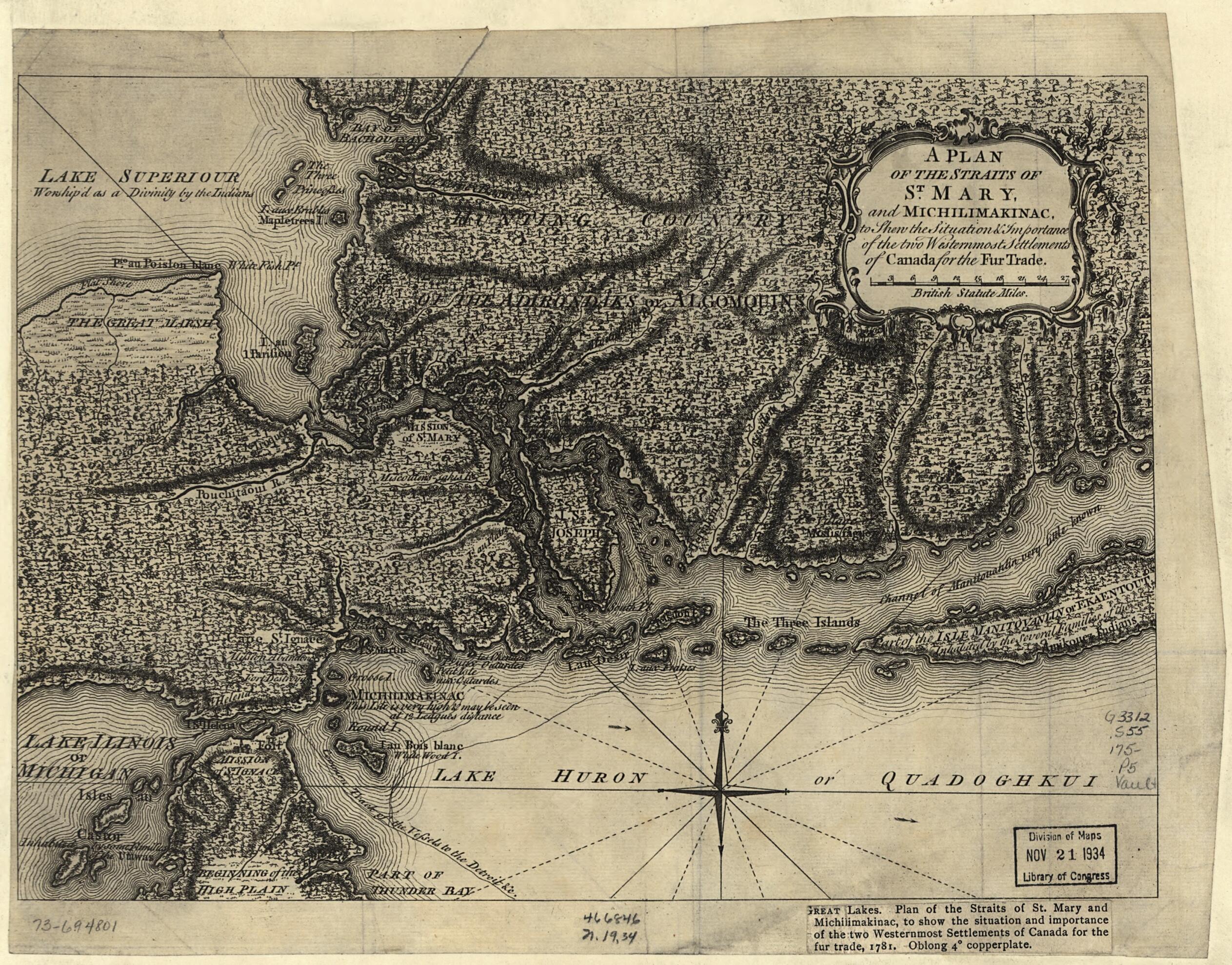 This old map of A Plan of the Straits of St. Mary, and Michilimakinac, to Shew the Situation & Importance of the Two Westernmost Settlements of Canada for the Fur Trade from 1750 was created by in 1750