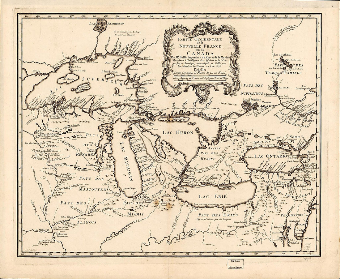 This old map of Partie Occidentale De La Nouvelle France Ou Du Canada from 1755 was created by Jacques Nicolas Bellin, Homann Erben (Firm) in 1755