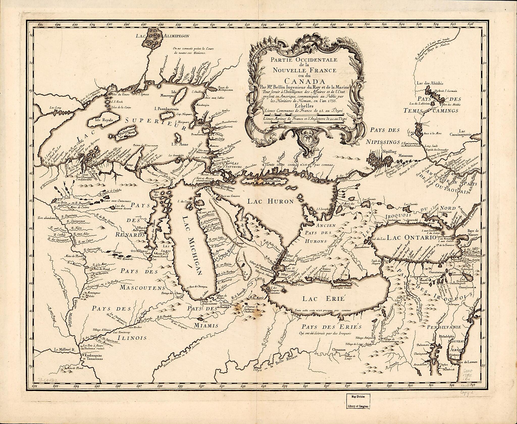 This old map of Partie Occidentale De La Nouvelle France Ou Du Canada from 1755 was created by Jacques Nicolas Bellin, Homann Erben (Firm) in 1755