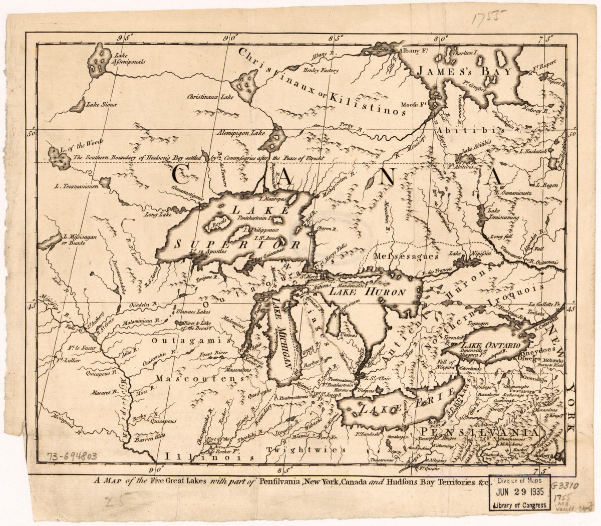 A Map of the Five Great Lakes With Part of Pensilvania, New York, Canada, and Hudsons Bay Territories &c 1755 by Relic Map Company