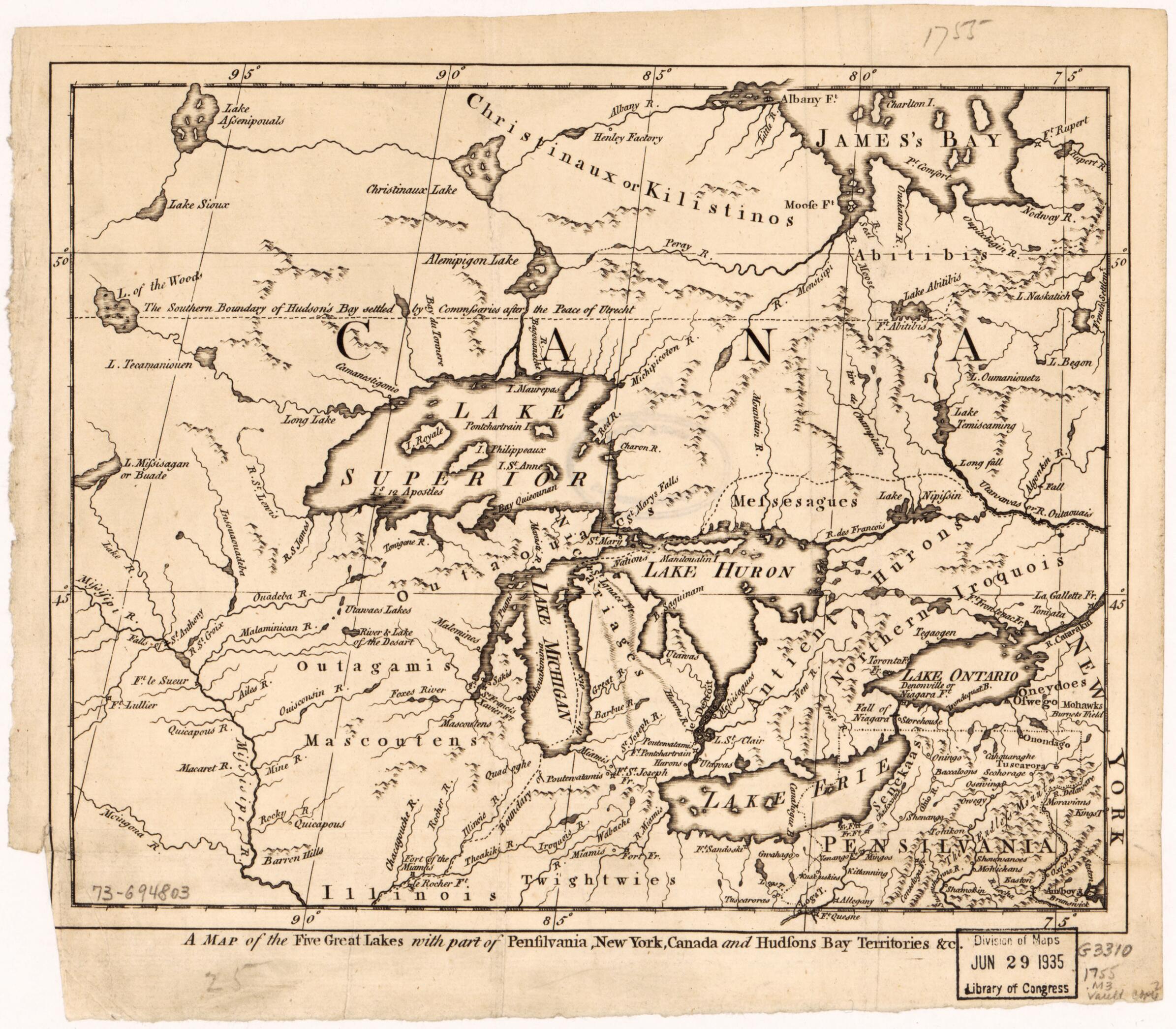 This old map of A Map of the Five Great Lakes With Part of Pensilvania, New York, Canada, and Hudsons Bay Territories &c from 1755 was created by in 1755