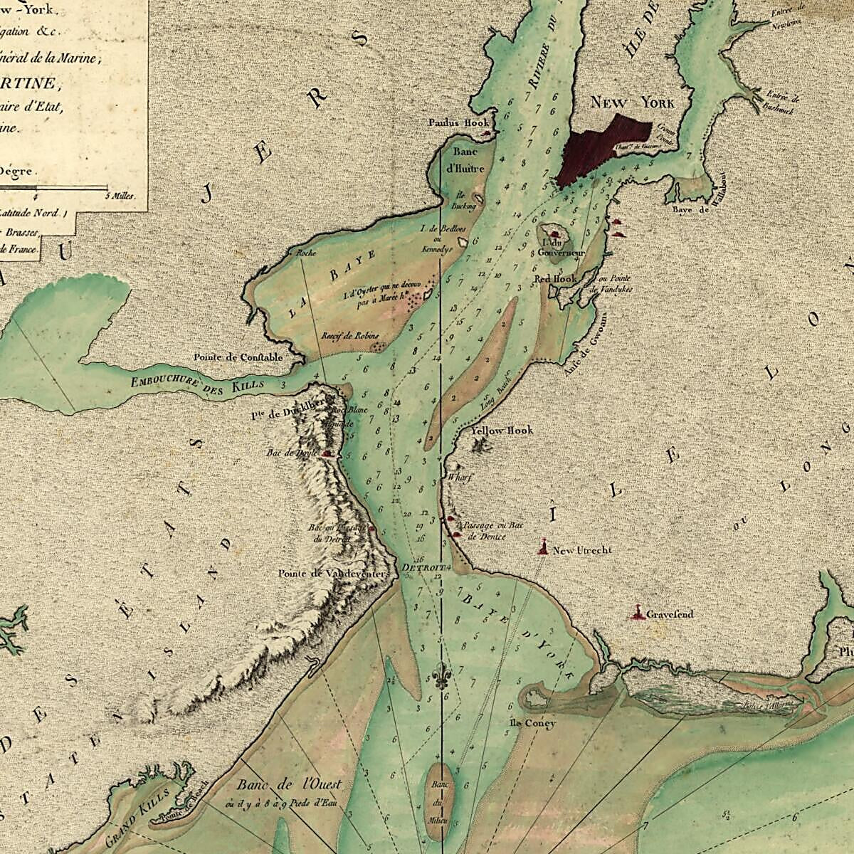 This old map of Hook Jusques à New-York Avec Les Bancs, Sondes, Marques De Navigation &c from 1778 was created by  France. Dépôt Des Cartes Et Plans De La Marine, Antoine De Sartine in 1778